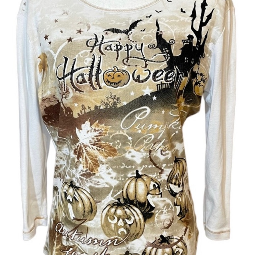B.L.E.U. White Tan Black Halloween Pumpkin Pullover Top 3/4 Sleeves Cotton. Sz L